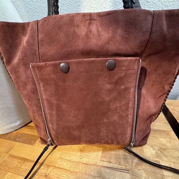 AllSaints Mori Suede Leather Tote Bag Brown Braided Handle Whipstitch - Picture 2 of 14